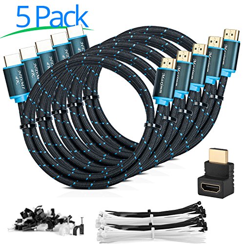 Product Cover Maximm High-Speed HDMI 2.0 4K Nylon Braided Cable, 4 Feet, 5-Pack (Includes Cable Clips, Ties and Right Angle Adapter)