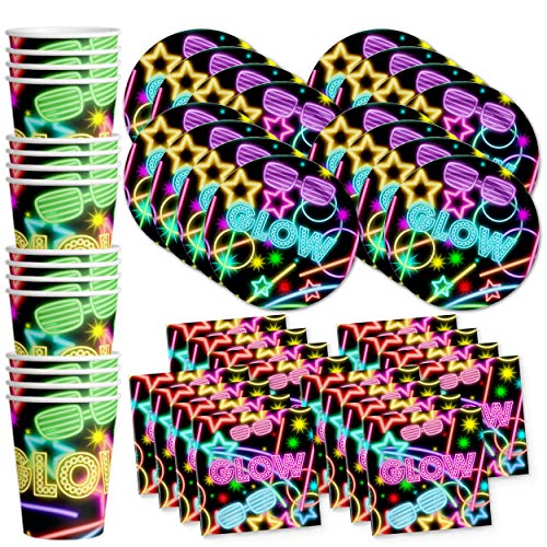 Product Cover Glow Light Neon Birthday Party Supplies Set Plates Napkins Cups Tableware Kit for 16