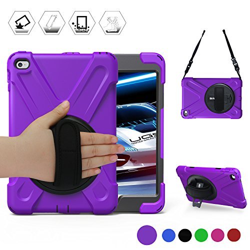 Product Cover Ipad Mini4 Shockproof Case,BRAECN Three Layer Drop Protection Rugged Protective Heavy Duty IPad Case With a 360 Degree Swivel Stand/a Hand Strap and a Shoulder Strap For iPad Mini 4 Case (Purple)