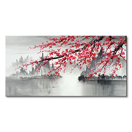 Product Cover Traditional Chinese Painting Hand Painted Plum Blossom Canvas Wall Art Modern Black and White Landscape Oil Painting for Living Room Bedroom Office Decoration (48x24 inch)