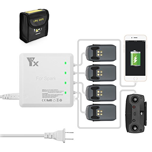 Product Cover [UPGRADE] Powerextra Spark 6 in 1 Rapid Intelligent Multi Battery Charger Hub (Charge 4 Batteries Simultaneously & 2 USB Ports) + LiPo Battery Safe Bag (2 Batteries Capacity) Compatible with DJI Spark