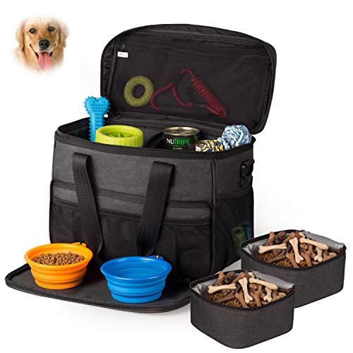 Product Cover Unicreate Pet Travel Bag for Dog&Cat -Weekend Tote Organizer Bag for Dogs Travel -Incudes1xDog Tote Bag,2xDog Food Carriers Bag,2xPet Silicone Collapsible Bowls.(Black)