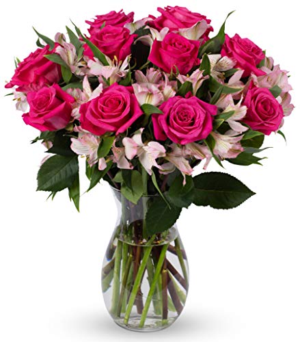 Product Cover Benchmark Bouquets Charming Roses and Alstroemeria, With Vase (Fresh Cut Flowers)
