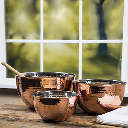 Product Cover Set Of 3 Copper Hammered Mixing Bowls With Stainless Steel Interior Finish Nesting Bowls, Chef Cookware Set,