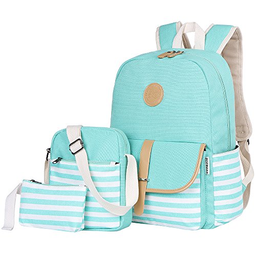 Product Cover BLUBOON Teens Canvas Backpack Girls School Bags Set Bookbags Shoulder bag Pouch 3 in 1 (Water Blue)