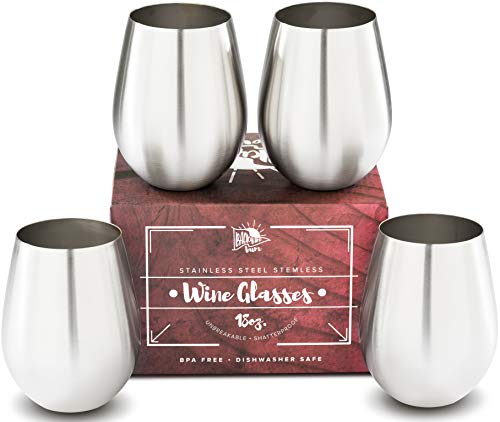 Product Cover Premium Solid Stainless Steel Wine Glasses PLUS Recipe eBook | Stemless Wine Glass Set of 4, for Men and Women | Large 18 Ounce by Backyard Bum | Unbreakable and Tip Resistant for Perfect Entertaining