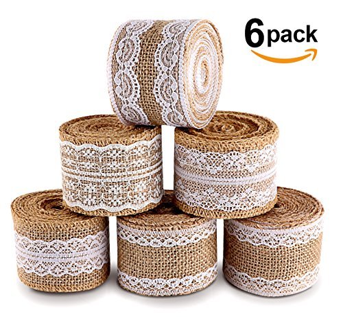 Product Cover ilauke 20 Yards Natural Burlap Ribbon Roll with White Lace Trims Tape 6 Rolls for Rustic Wedding Favor Decorations