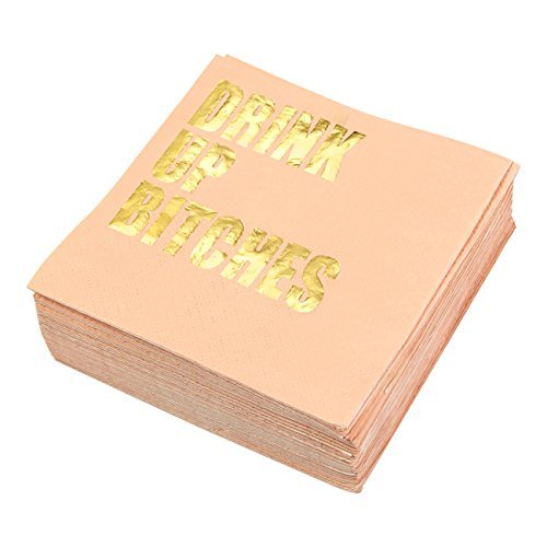 Product Cover Bachelorette Party Cocktail Napkins - 50-Pack Gold Foil Drink Up Btches Disposable Paper Party Napkins, Perfect for Bridal Shower Decorations and Wedding Party Supplies, 5 x 5 Inches Folded, Peach
