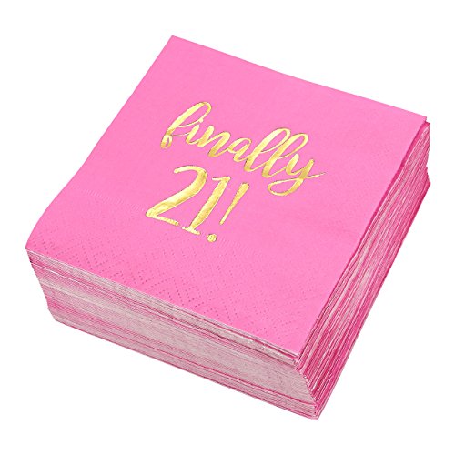 Product Cover Birthday Party Cocktail Napkins - 50 Pack Gold Foil Finally 21 Disposable Party Napkins, Perfect for Girls 21st Birthday Decorations and Dinner Party Supplies, 5 x 5 inches, Hot Pink