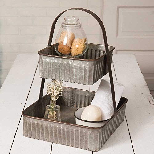 Product Cover Colonial Tin Works Rustic Industrial Farmhouse Chic Two Tiered Corrugated Square Tray,grey