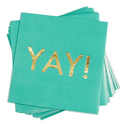 Product Cover 50 Pack Cocktail Napkins - Gold Foil YAY Disposable Paper Party Napkins, Perfect for Birthday and Bachelorette Party Supplies, Baby and Bridal Shower Decorations, 5 x 5 Inches Folded, Teal Green
