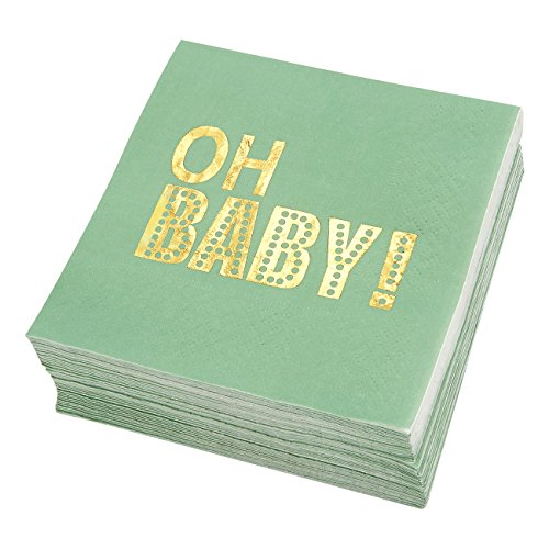 Product Cover Baby Shower Cocktail Napkins - 50 Pack Gold Foil Oh Baby Disposable Paper Party Napkins, Perfect for Baby Shower Decorations and Gender Reveal Party Supplies, 5 x 5 Inches Folded, Mint Green