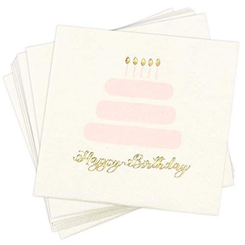 Product Cover Birthday Party Cocktail Napkins - 50 Pack Gold Foil Happy Birthday Cake Disposable Paper Napkins, Perfect for Kids Birthday Decorations and Party Supplies, 5 x 5 Inches Folded, Pink and White