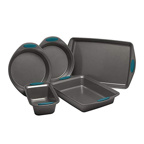 Product Cover Rachael Ray 47021 Nonstick Bakeware Set with Grips includes Nonstick Baking Pans, Baking Sheet and Nonstick Bread Pan - 5 Piece, Gray with Marine Blue Handles