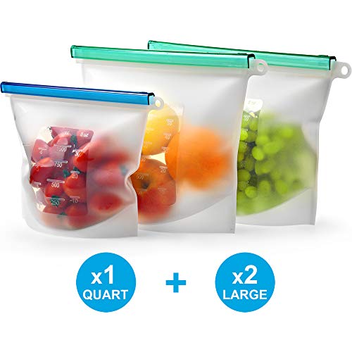 Product Cover Reusable Silicone Food Storage Bag Set of 3 by Kiva.World - LARGE SIZE 50 OZ & QUART- Freezer Bags Airtight Seal - Hermetic Reusable Produce Bags - Cooking Sous Vide Bags Clear - Fresh Lunch & Snack