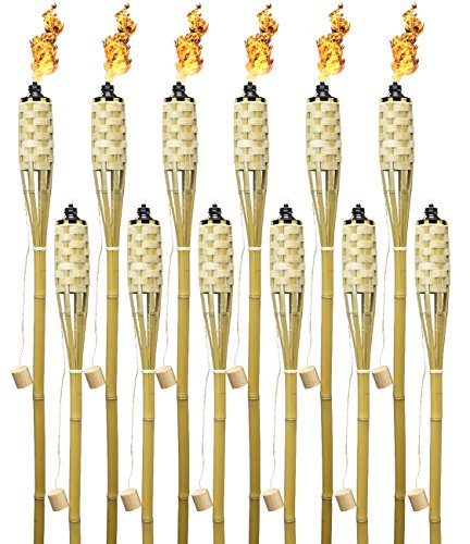 Product Cover Matney Bamboo Torches - Includes Metal Oil Canisters with Covers to Extinguish Flame - Great for Outdoor Decorating, Luau, Parties, Extra Long 60 Inches (12 Pack)