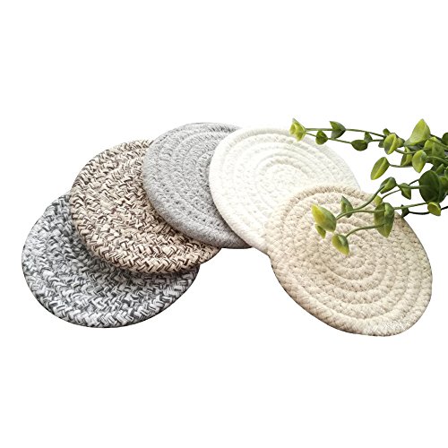 Product Cover POPU Round Cotton Braided Table Place Mats Braided Coaster Non-Slip Placemats Table Mats Set of 5 for Cups Dining Kitchen Washable Small