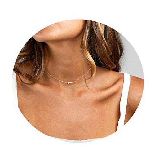 Product Cover Befettly Womens One Layers Gold Choker Necklace Imitation Pearls Pendant Handmade 14K Gold Fill Boho Chain-CK2-3Pearls