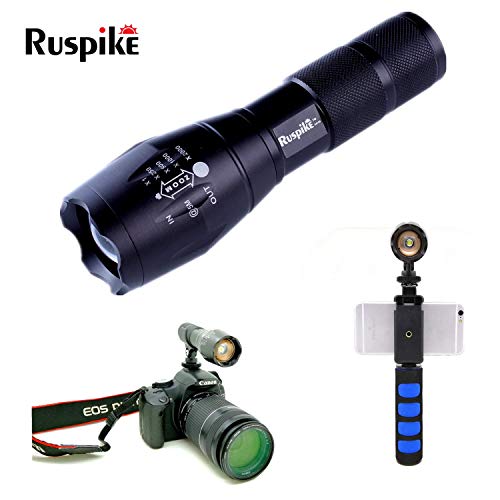 Product Cover Flashlight,Ruspike 1000 High Lumen Super Bright LED Tactical Flashlight with 6 modes, Adjustable Focus Flashlight Smartphone Video Light Kit for Camping Hiking