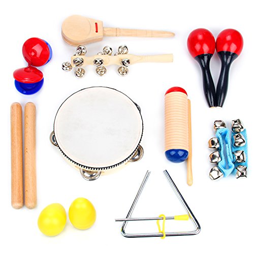Product Cover Boxiki kids Musical Instrument Set 18 PCS | Rhythm & Music Education Toys for Kids | Clave Sticks, Shakers, Tambourine, Wrist Bells & Maracas for Kids | Natural Toys with Carrying Case