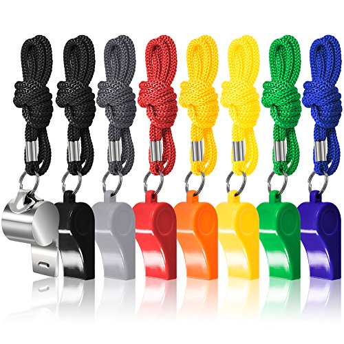 Product Cover FineGood 8 Packs Coaches Referee Whistles with Lanyards, 7 Colorful Plastic and 1 Stainless Steel Metal Whistles for Football Sports Lifeguards Survival Emergency Training - Multi-Color