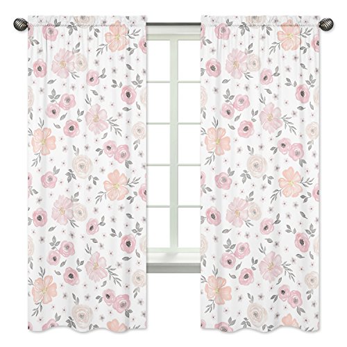 Product Cover Sweet Jojo Designs 2-Piece Blush Pink, Grey and White Window Treatment Panels Curtains for Watercolor Floral Collection