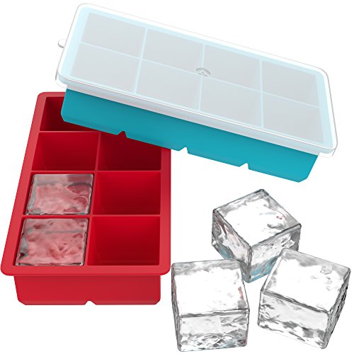 Product Cover Vremi Large Silicone Ice Cube Trays - 2 Pack 8 Square Cubes per Tray Ideal for Whiskey, Cocktails, Soups, Baby Food and Frozen Treats - Flexible and BPA Free and Includes Covers for Easy Stacking