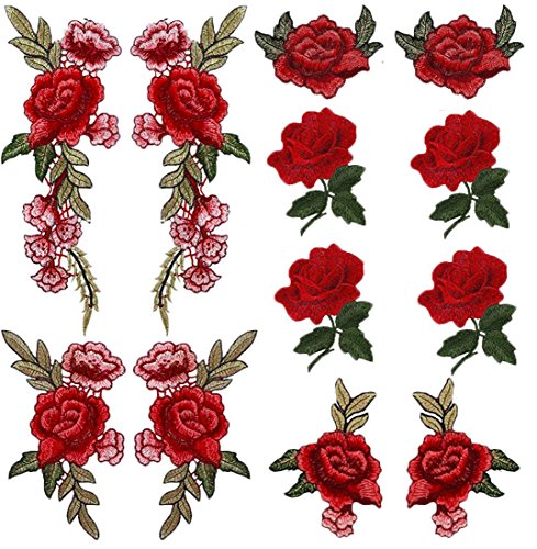Product Cover Comfun 12 Pack Red Rose Flower Patch Badge Embroidered Floral Applique Sew On Decorative Patches