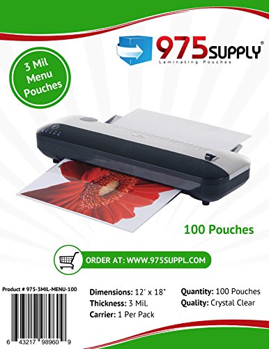 Product Cover 975 Supply 3 Mil Clear Menu Size Thermal Laminating Pouches, 12 X 18 inches, 100 Pouches