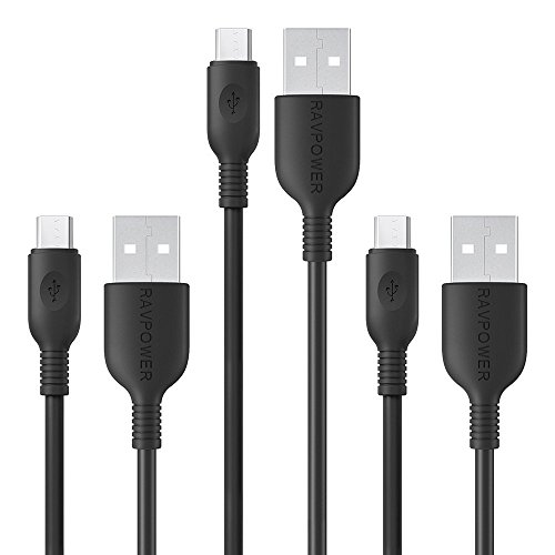 Product Cover RAVPower 3-Pack Micro USB Cable Sync and Charge (3ft x 2, 6ft) for Samsung, Huawei, HTC, Nexus, Motorola, Nokia, LG, MP3, Tablet, Windows, PS4, Camera - Black