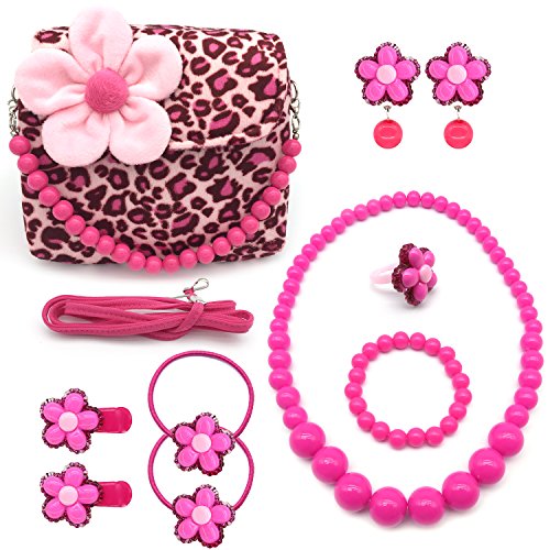 Product Cover Elesa Miracle Little Girl Beauty Kids Plush Handbag + Flower-Shaped Earrings Rings Clips and Hair Ties + Necklace and Bracelet Set (Pink Leopard)