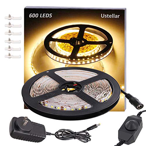 Product Cover Ustellar Dimmable 600 LED Light Strip Kit with Power Supply, SMD 2835 LEDs, Super Bright 16.4ft/5m 12V LED Ribbon, Non-Waterproof, 3000K Warm White Lighting Strips, LED Tape