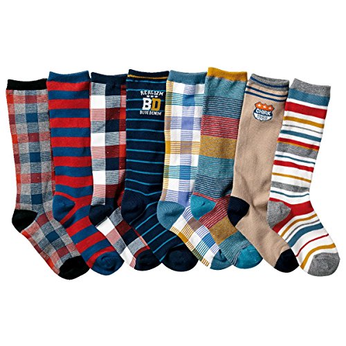 Product Cover Boys' Colorful Stripe Stocking Youth Pattern Knee High Cotton Socks 8 Pairs
