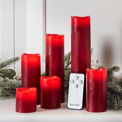 Product Cover Lights4fun, Inc. Set of 6 Red Wax Battery Operated Flameless LED Pillar Candles with Remote Control