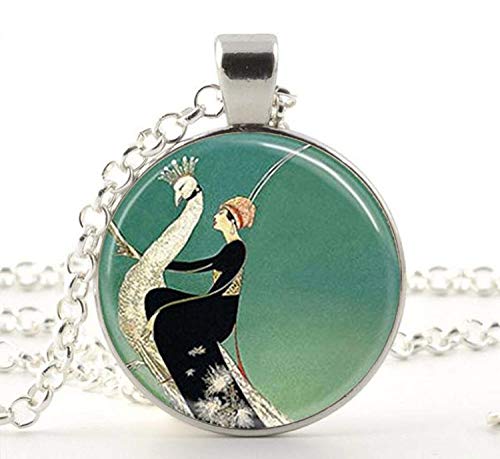 Product Cover Art Deco Jewelry Woman on White Peacock Green Peacock Necklace Pendant