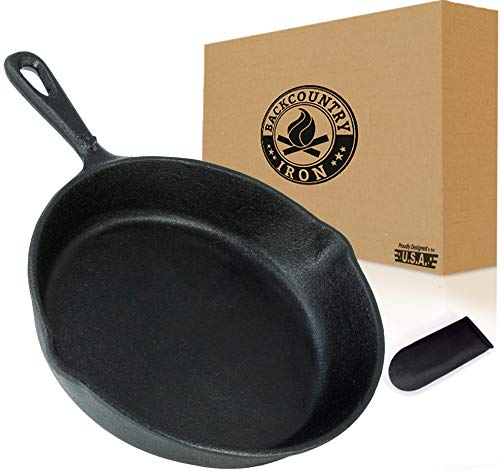 Product Cover Backcountry Cast Iron Skillet(8 Inch Small Frying Pan + Cloth Handle Mitt, Pre-Seasoned for Non-Stick Like Surface, Cookware Oven / Broiler / Grill Safe, Kitchen Deep Fryer, Restaurant Chef Quality)