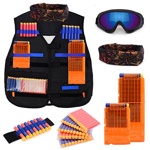 Product Cover Kids Tactical Vest Kit for Nerf N-strike Elite Series with 50 Bullets Refill Darts + 2 Reload Clips + Face Tube Mask + Protective Glasses + hand wrist band