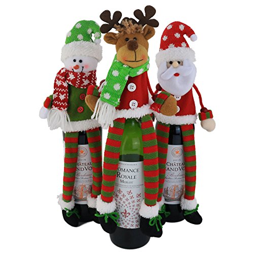 Product Cover WEWILL 3Pcs Christmas Wine Bottle Cover 3D Sweater Design Set of 3 Santa Reindeer Snowman Xmas Home Party Decoration for Family, 14 inch