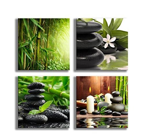 Product Cover YPY Paintings Bamboo Green Pictures with SPA Zen Stone Candles Flower Print on Canvas Wall Art for Home Décor Bathroom Living Room Bedroom 12inchx12inchx4pcs