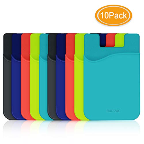 Product Cover Credit Card Holder for Phone Back, HUO ZAO Silicone Card Cling with 3M Adhesive Stick-on Phone Wallet, Compatible with Apple iPhone Samsung Galaxy Android Cell Phone Table Multi Colors - 10 Pack