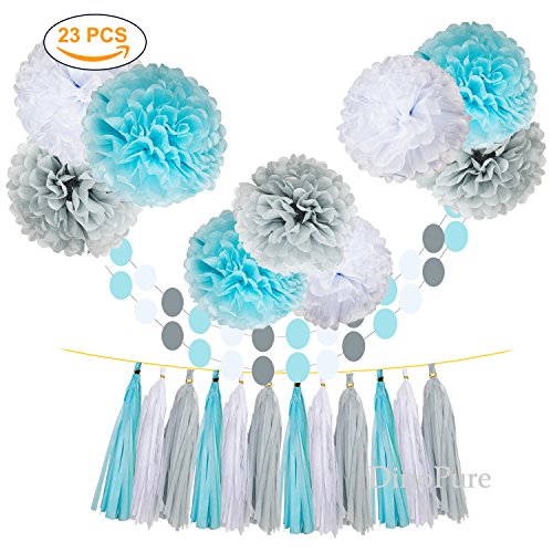 Product Cover Umiss 23pcs Party Tissue Pom Poms Tissue Flowers Baby Blue White Grey Baby Boy Shower/Party Paper Decorations First Birthday Boy Tissue Flowers Tassel Garland Circle Paper Baby Shower Decorations