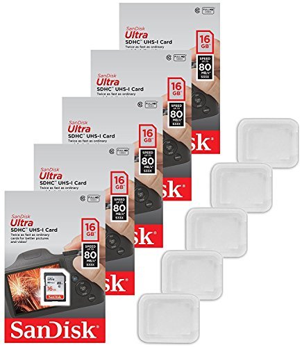 Product Cover 5x Genuine SanDisk Ultra 16GB Class 10 SDHC Flash Memory Card Up To 80MB/s Memory Card (SDSDUNC-016G-GN6IN) W/ Memory Card Case (5pcs)
