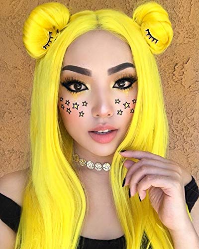 Product Cover Sapphirewigs Yellow Color Natural Wavy Silky Soft Beauty Blogger Celebrity Perruque Daily Makeup Synthetic Lace Front Wigs (Yellow)