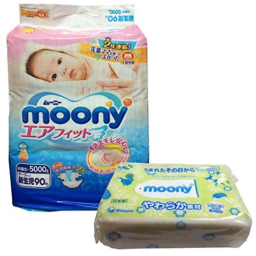 Product Cover New Born : Japanese Soft Diapers - Nappies New Moony's Air Fit, Irritation Free, for Extra Sensitive Skin, Leak Free , +1 Pack of Sensitive Skin Care Baby Wipes by Moony's (New Born)