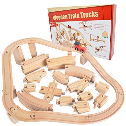 Product Cover 62 Pieces Wooden Train Track Expansion Set + 1 Bonus Toy Train -- NEW Version Compatible with All Major Brands Including Thomas Battery Operated Motorized Ones by Joyin Toy