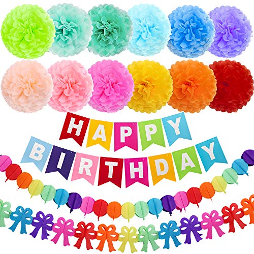Product Cover ZJHAI 15pcs 10 Inches Birthday Paper Pom Poms (12 Colors), Happy Birthday Party Bunting Banner, Colorful Paper Garland, Rainbow Party Supplies