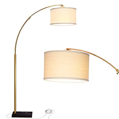 Product Cover Brightech Logan - Contemporary Arc Floor Lamp w. Marble Base - Over The Couch Hanging Light On Arching Pole - Alexa & Google Home Compatible Modern Living Room Lighting - Brass/Gold
