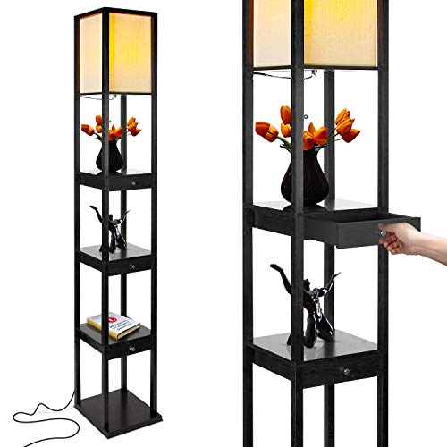 Product Cover Brightech Maxwell Drawer Edition - Shelf & LED Floor Lamp Combination - Modern Living Room Standing Light with Asian Display Shelves - Classic Black