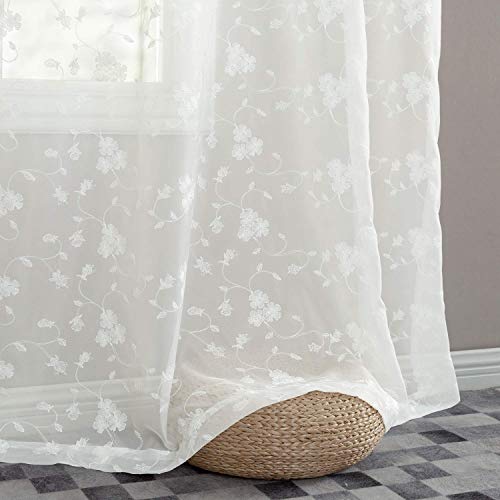 Product Cover Sheer Curtains for Living Room Floral Embroidery 84 inch Long Rustic White Voile Window Curtain Drpaes for Bedroom Rod Pocket 2 Panels