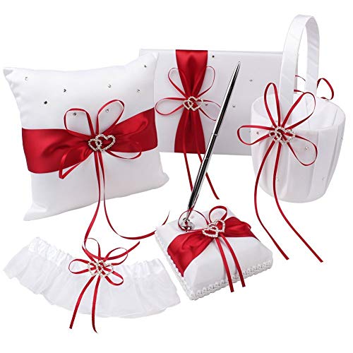 Product Cover KANECH 5pcs Sets-Red Satin- Wedding Flower Girl Basket and Ring Bearer Pillow Set (Ring Pillow + Flower Girl Basket + Wedding Guest Book +Pen Set + Garter Cover)